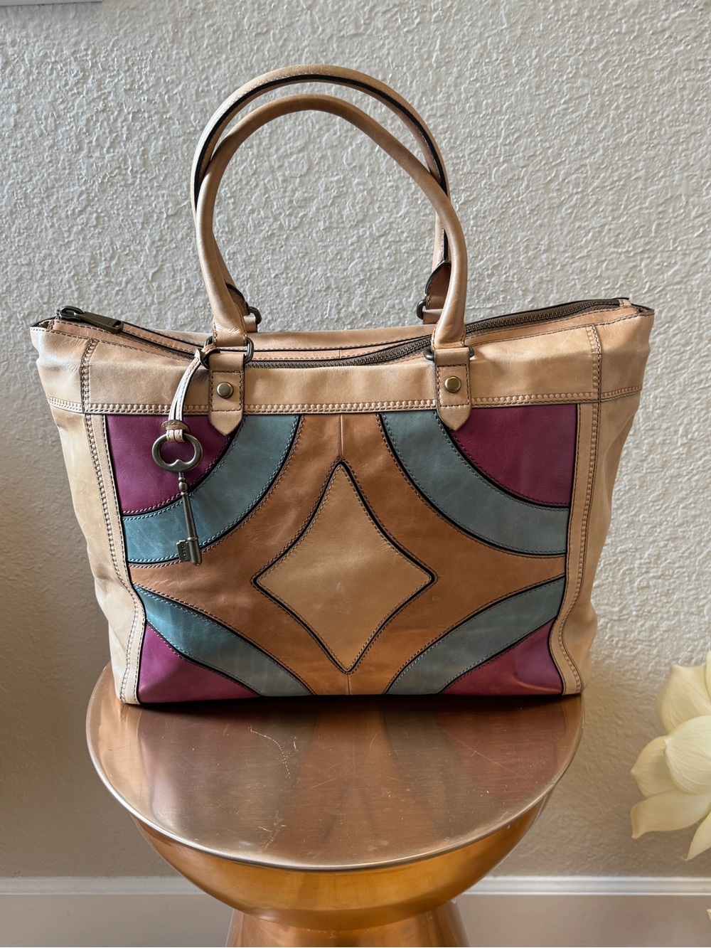 Fossil Jessie Beige Leather Weekender Tote with Purple and Teal Inset Panels
